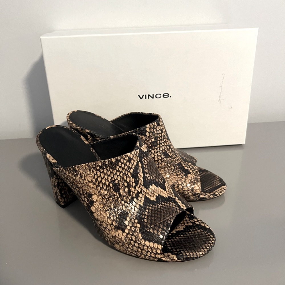 Vince Heath Snakeskin Open Toe Block Heels Mule